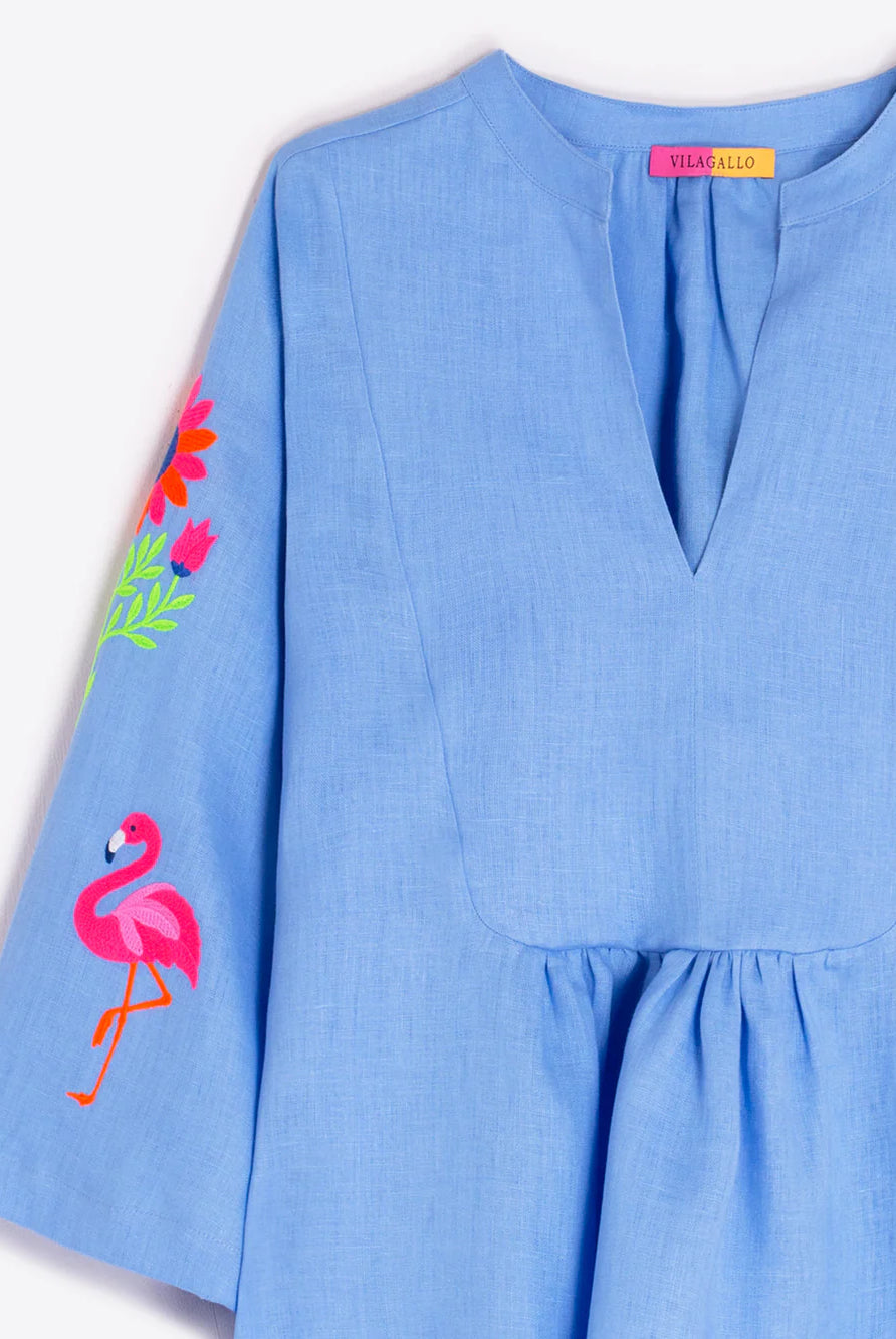 Vilagallo blue flamingo embroidery long sleeve blouse