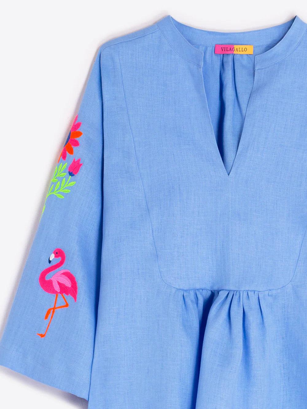 Vilagallo blue flamingo embroidery long sleeve blouse