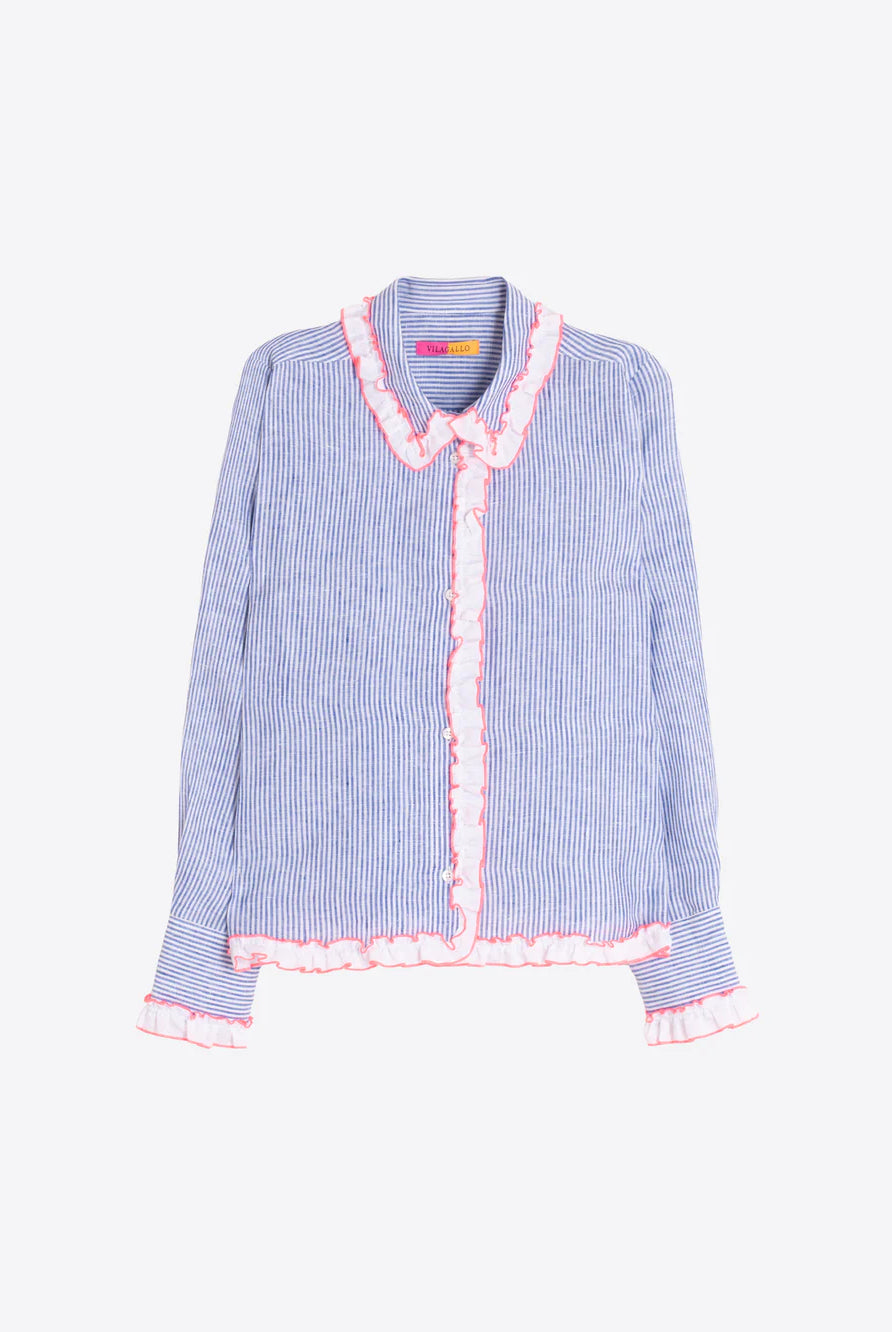 Vilagallo blue and white striped ruffle collar shirt