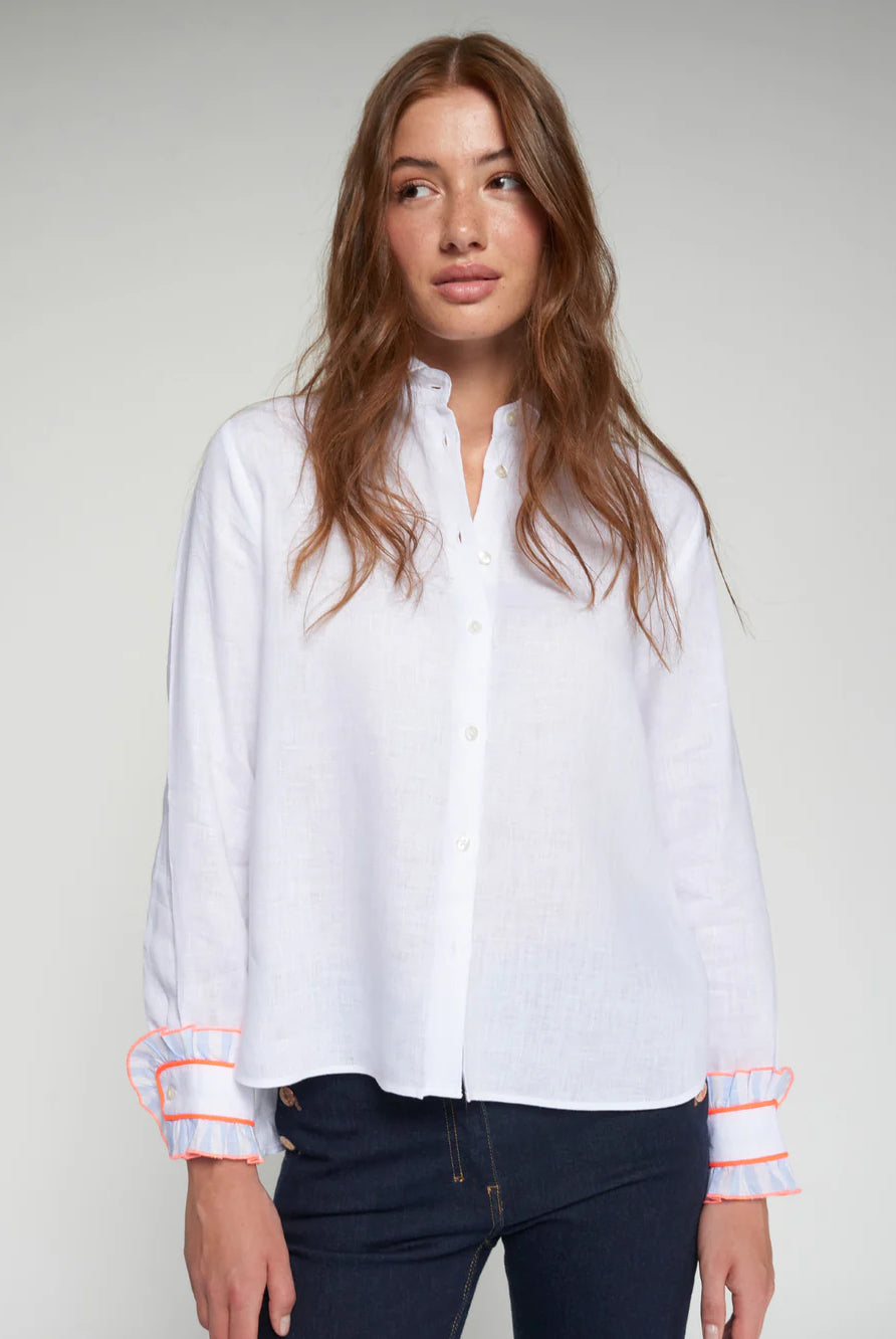 Vilagallo white linen blouse full length front with button front