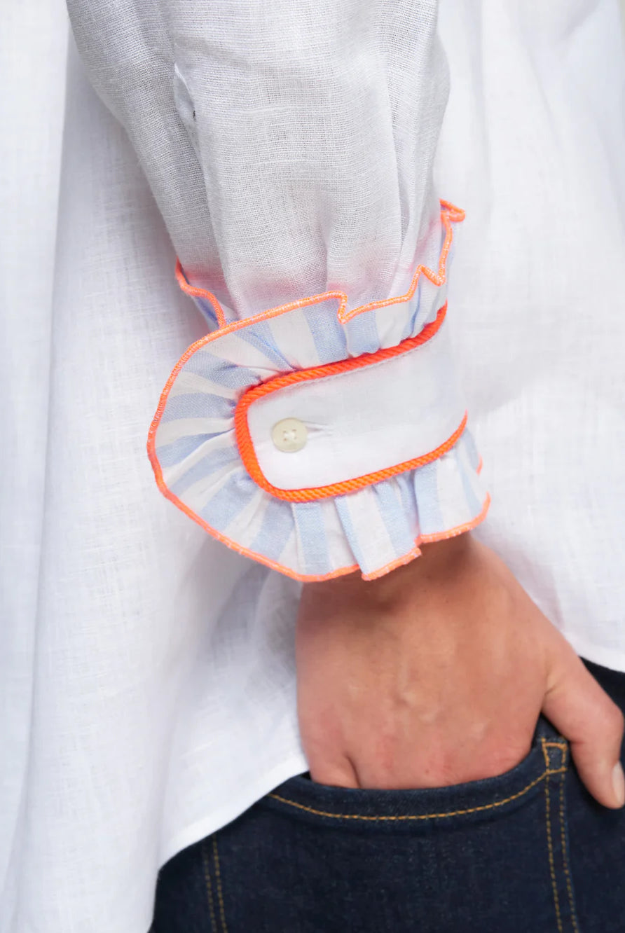 Vilagallo white shirt striped ruffle cuff with neon orange trim detail