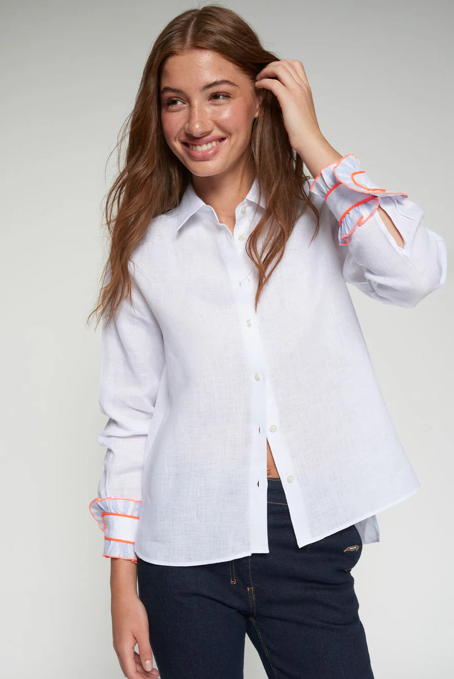 Vilagallo white linen women’s shirt with ruffle cuffs front view