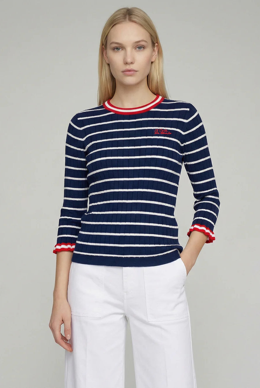 Vilagallo navy ribbed Breton jumper with white stripes and three-quarter sleeves
