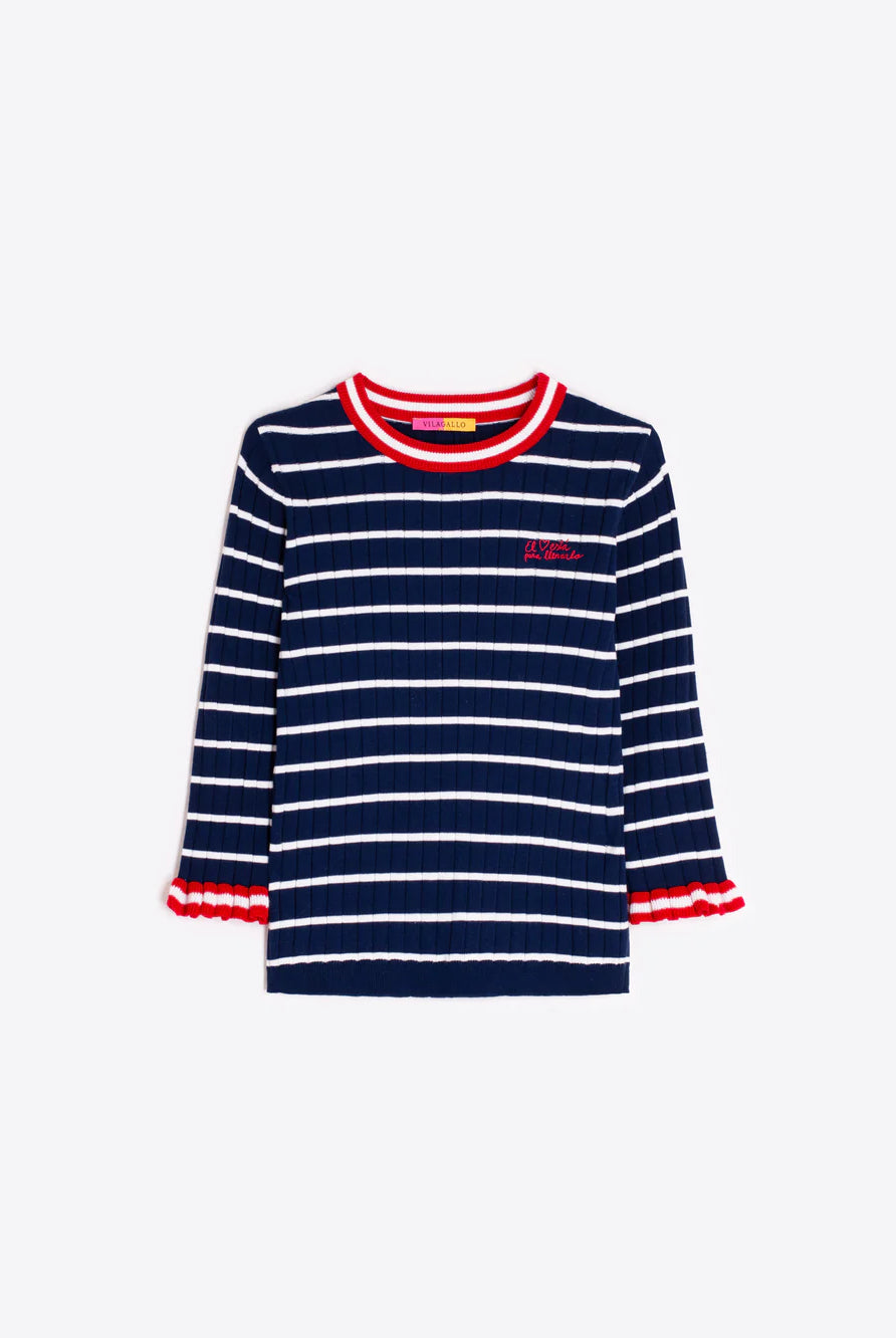 Vilagallo navy striped jumper flat lay with red trim neckline and ruffle cuffs