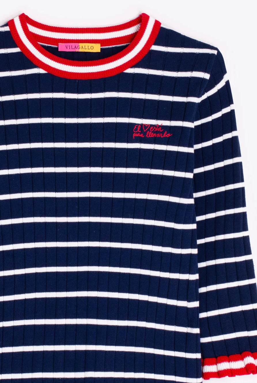 Vilagallo navy ribbed striped jumper close-up with red chest embroidery detail