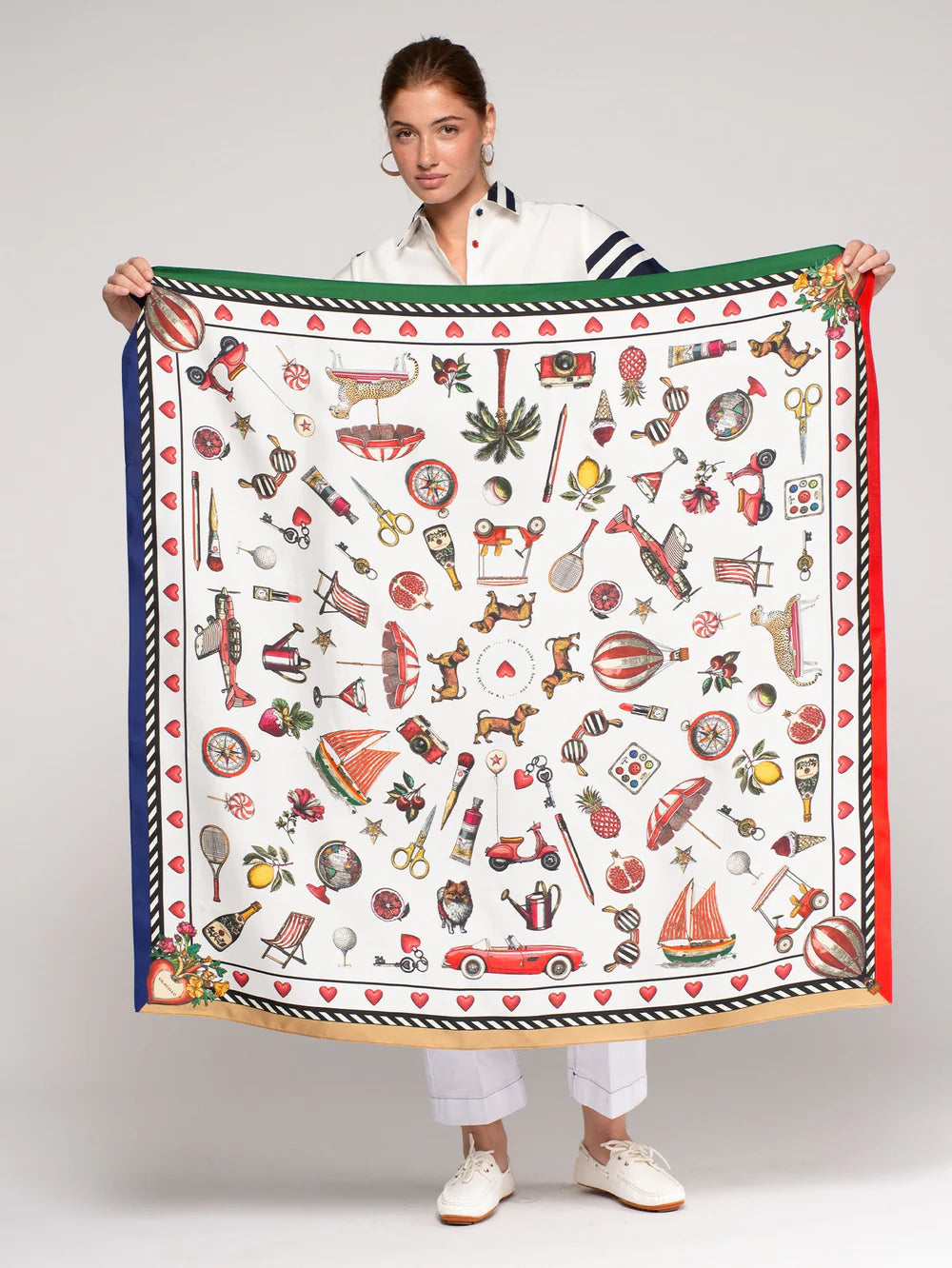 Vilagallo large square silk scarf held full length