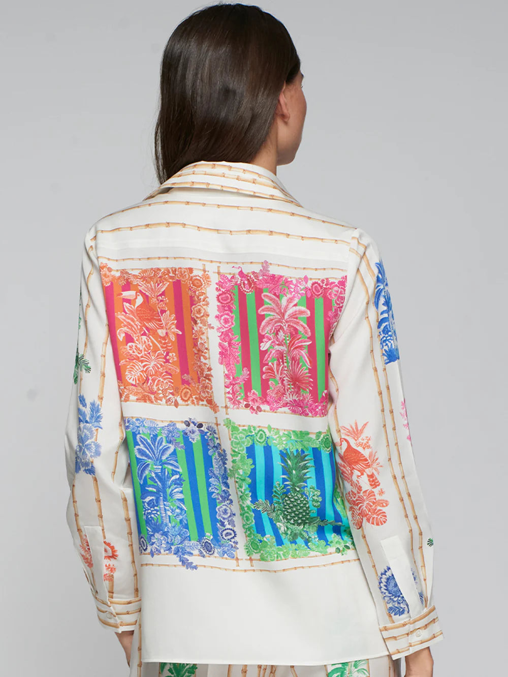 Vilagallo bamboo palm print shirt cream & multicolour block print shirt