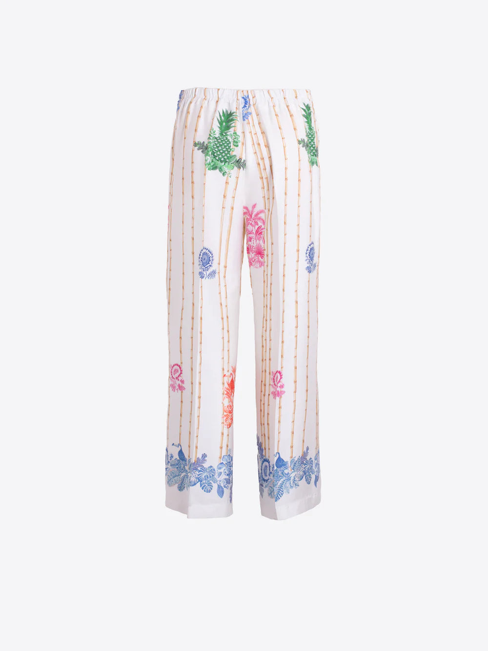 Vilagallo cream bamboo palm print wide trousers hem detail