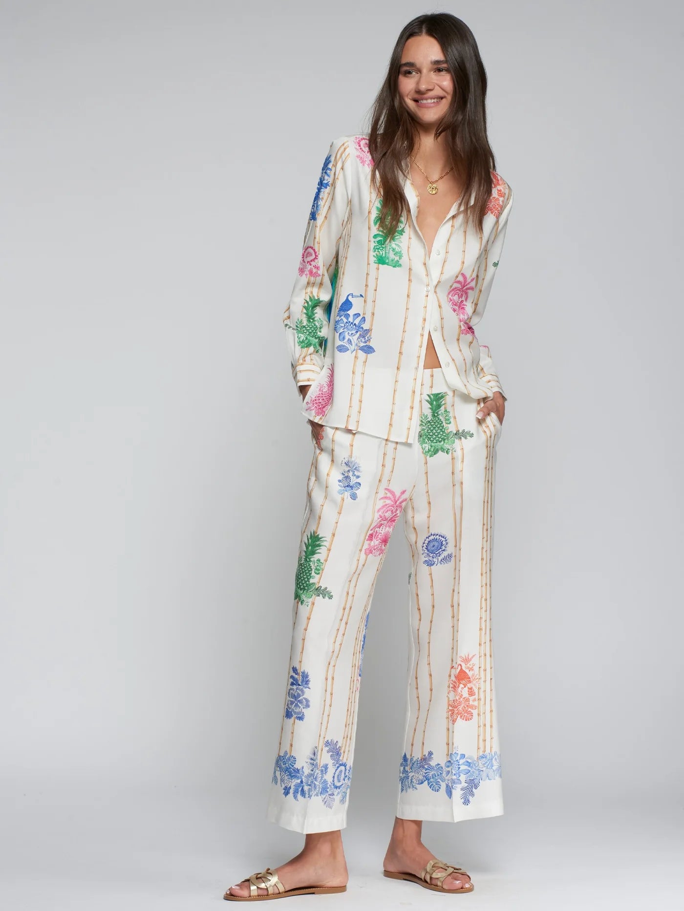 Vilagallo bamboo palm print straight leg trousers front view