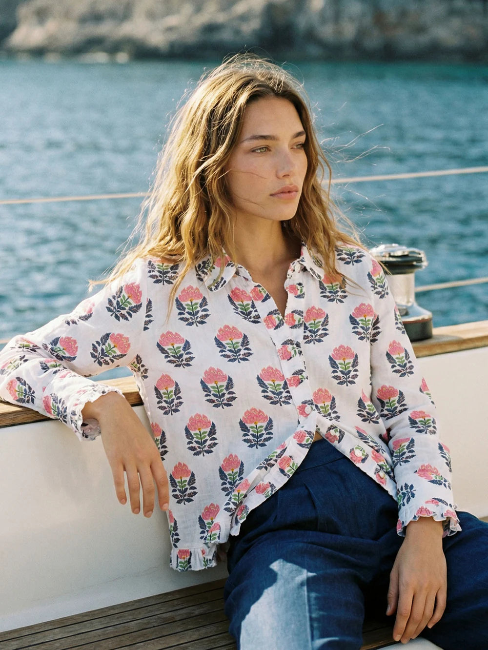 Vilagallo Indian Floral Linen Shirt women’s printed linen shirt styled with navy jeans