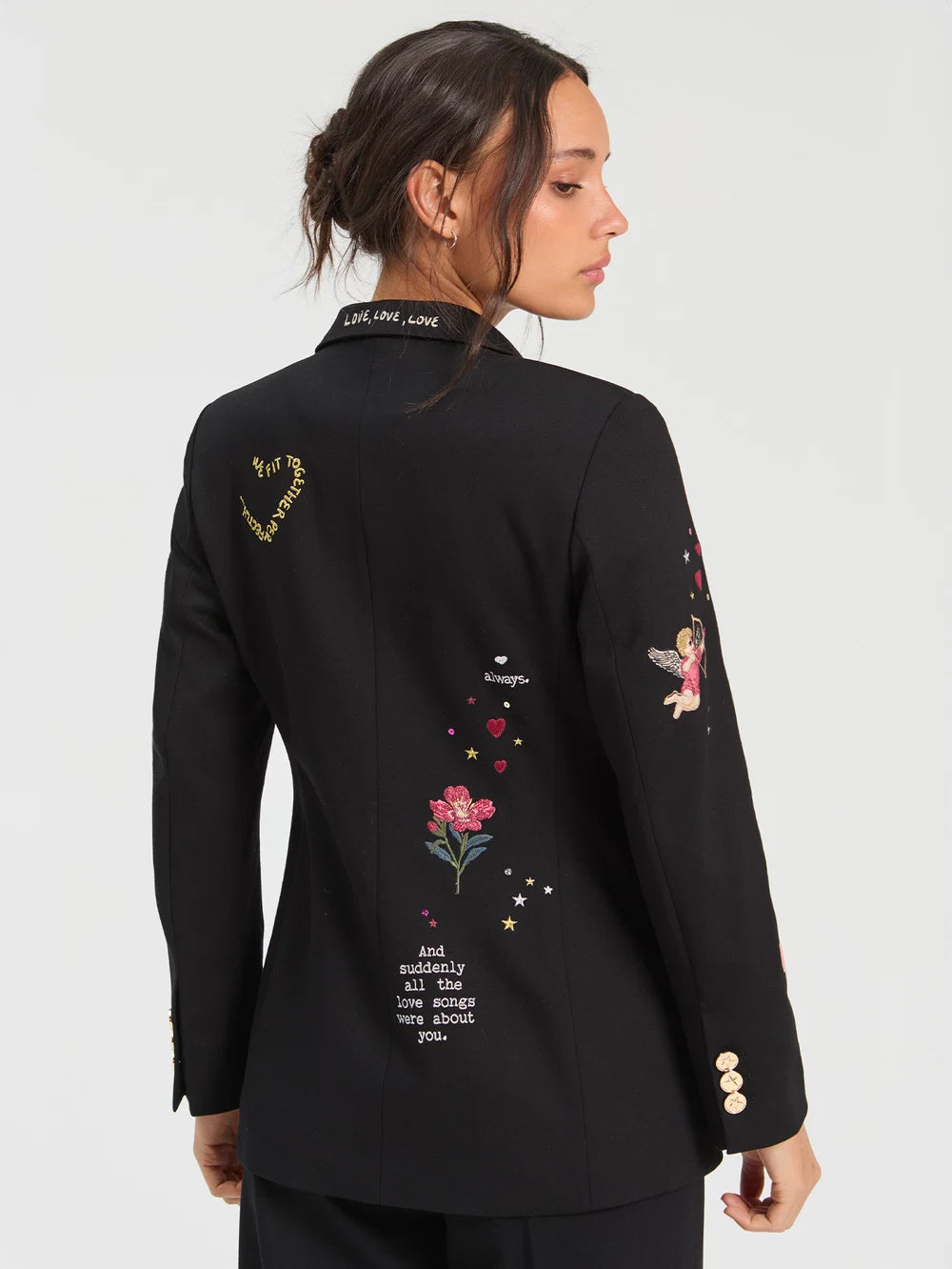 Vilagallo black Cupid motif blazer back view with multicolour embroidery