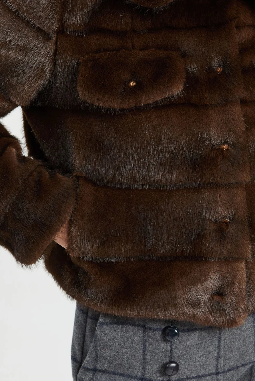 Vilagallo brown faux fur jacket close-up showing button front and flap pockets