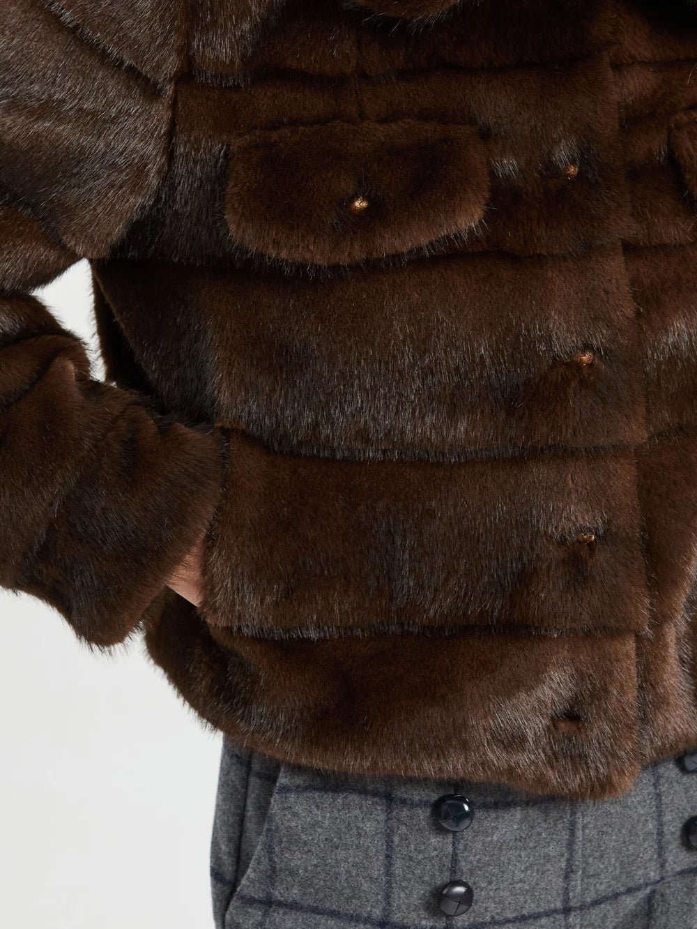 Vilagallo brown faux fur jacket close-up showing button front and flap pockets