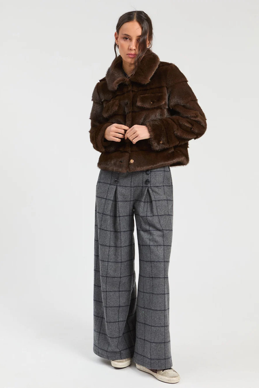 Vilagallo brown faux fur collared jacket styled with grey checked trousers