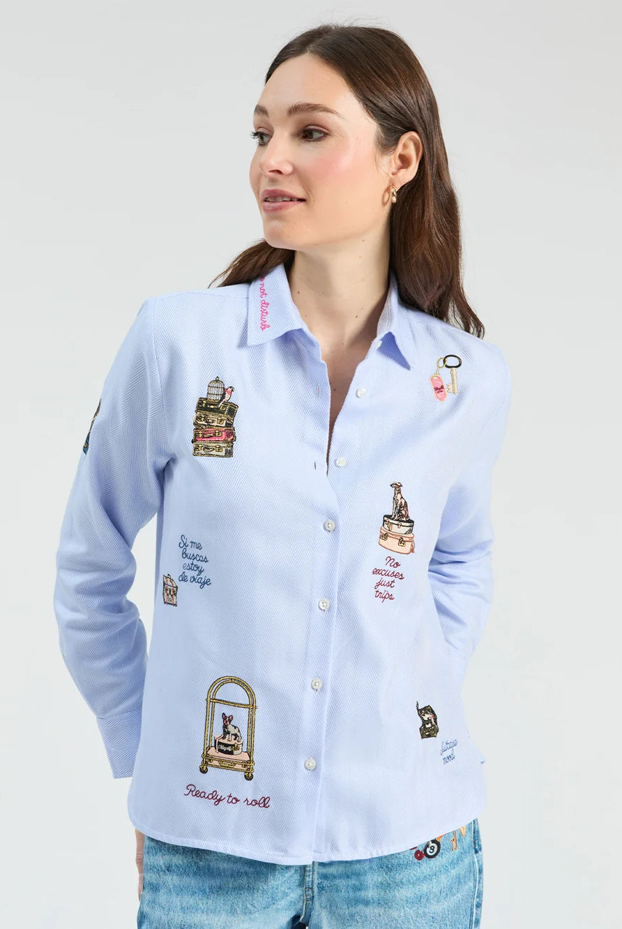 Vilagallo Hotel light blue striped embroidered shirt with travel and dog motifs – front model view