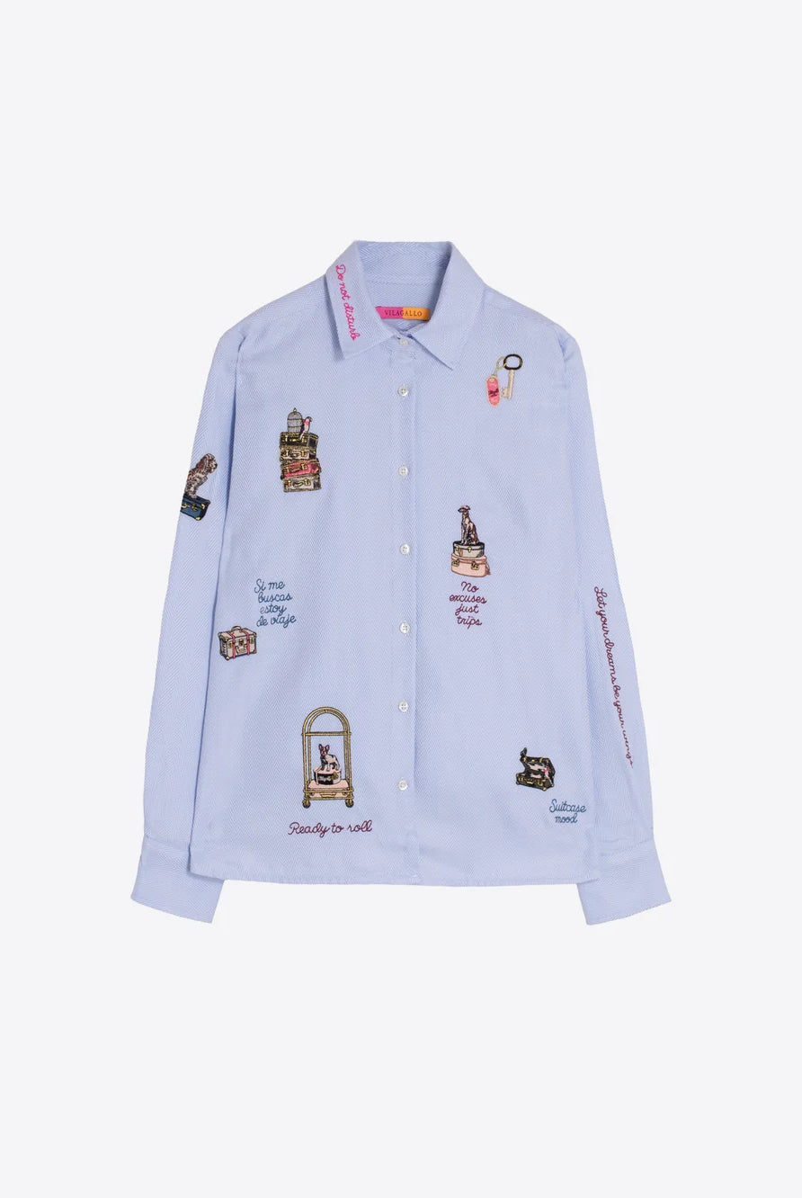 Vilagallo Hotel blue and white striped travel embroidered shirt – front product view