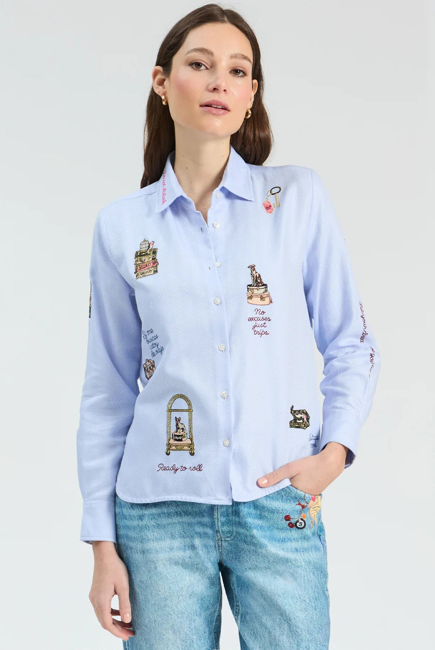 Vilagallo Hotel light blue embroidered striped shirt with button front – full model view