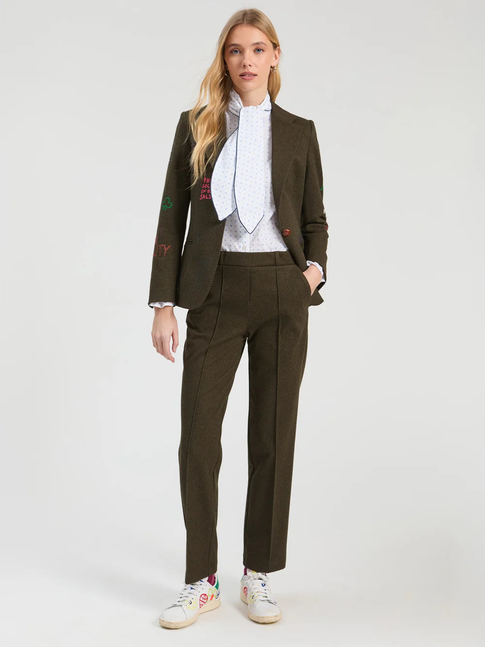 Vilagallo olive green tailored blazer styled with matching straight leg trousers