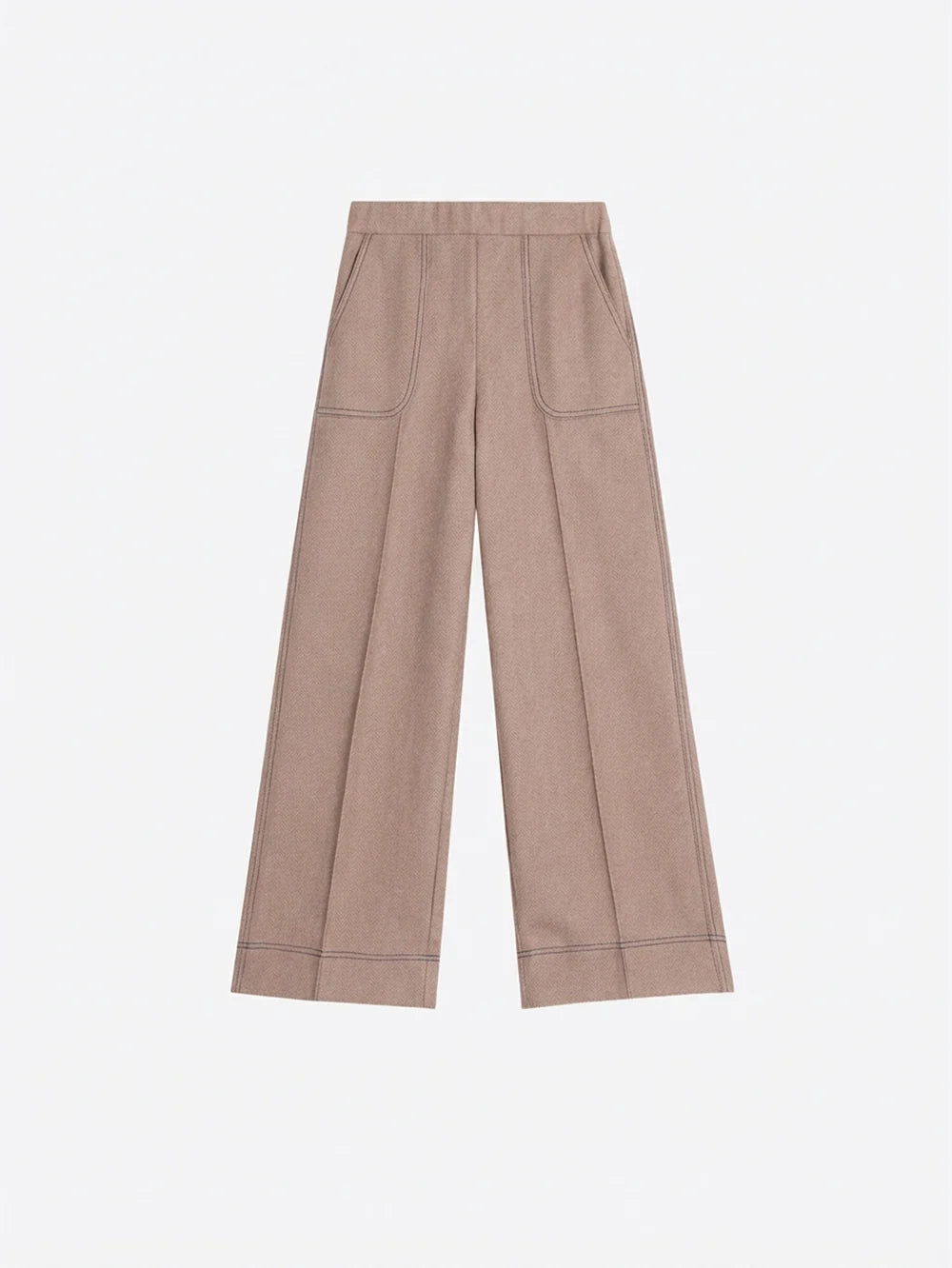 Vilagallo beige herringbone straight leg trousers with front seam and pocket detail