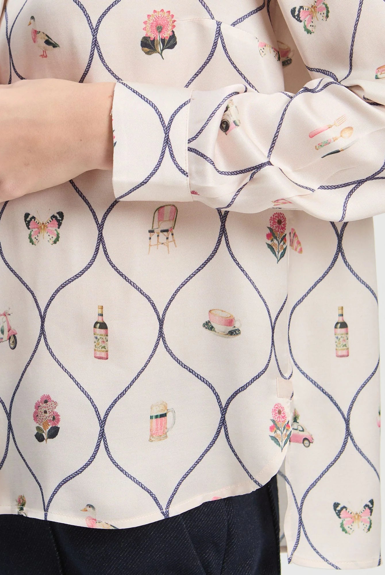 Vilagallo Madrid printed shirt close-up showing navy tile pattern and colourful motifs