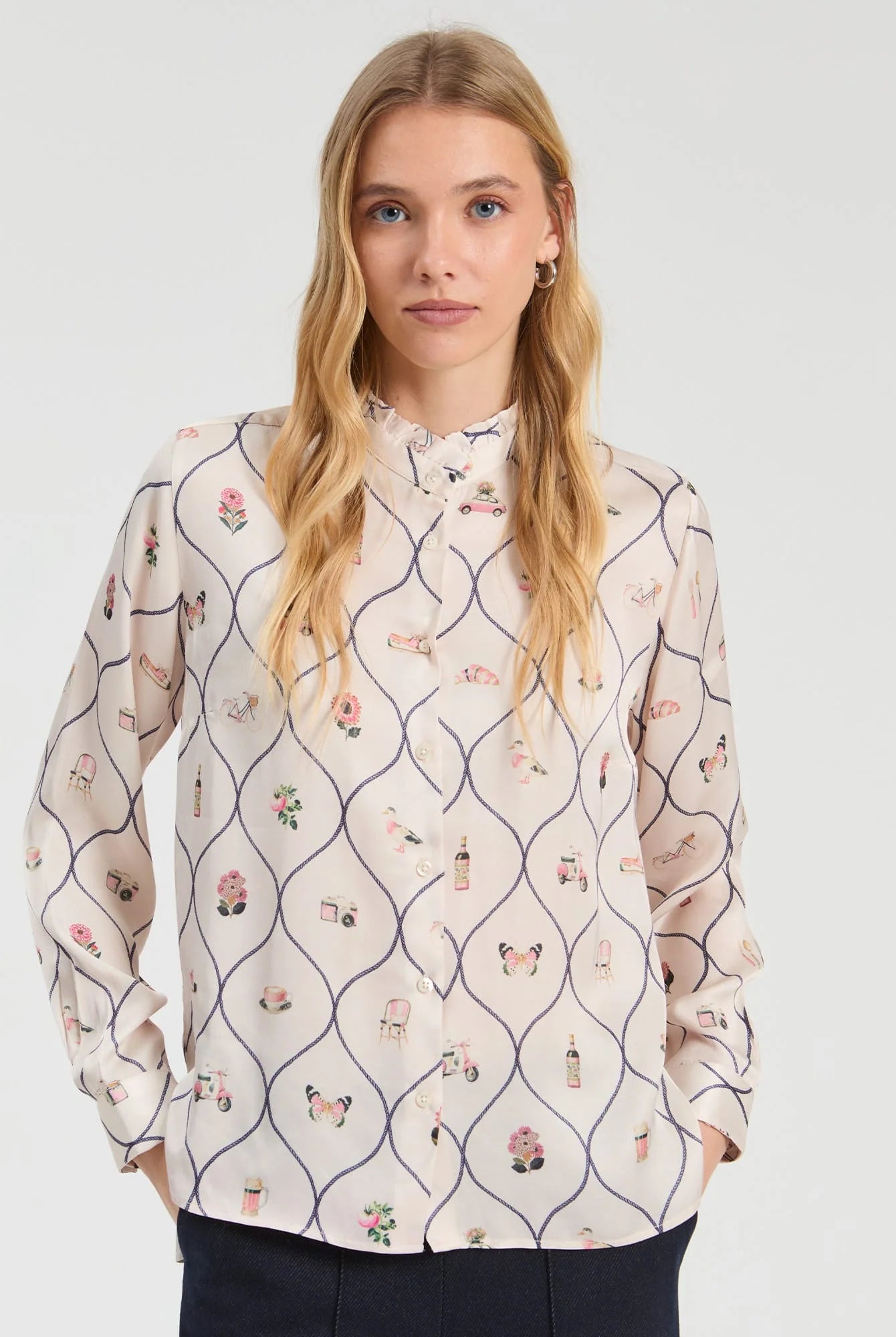 Vilagallo Madrid ivory tile print frill collar shirt front view