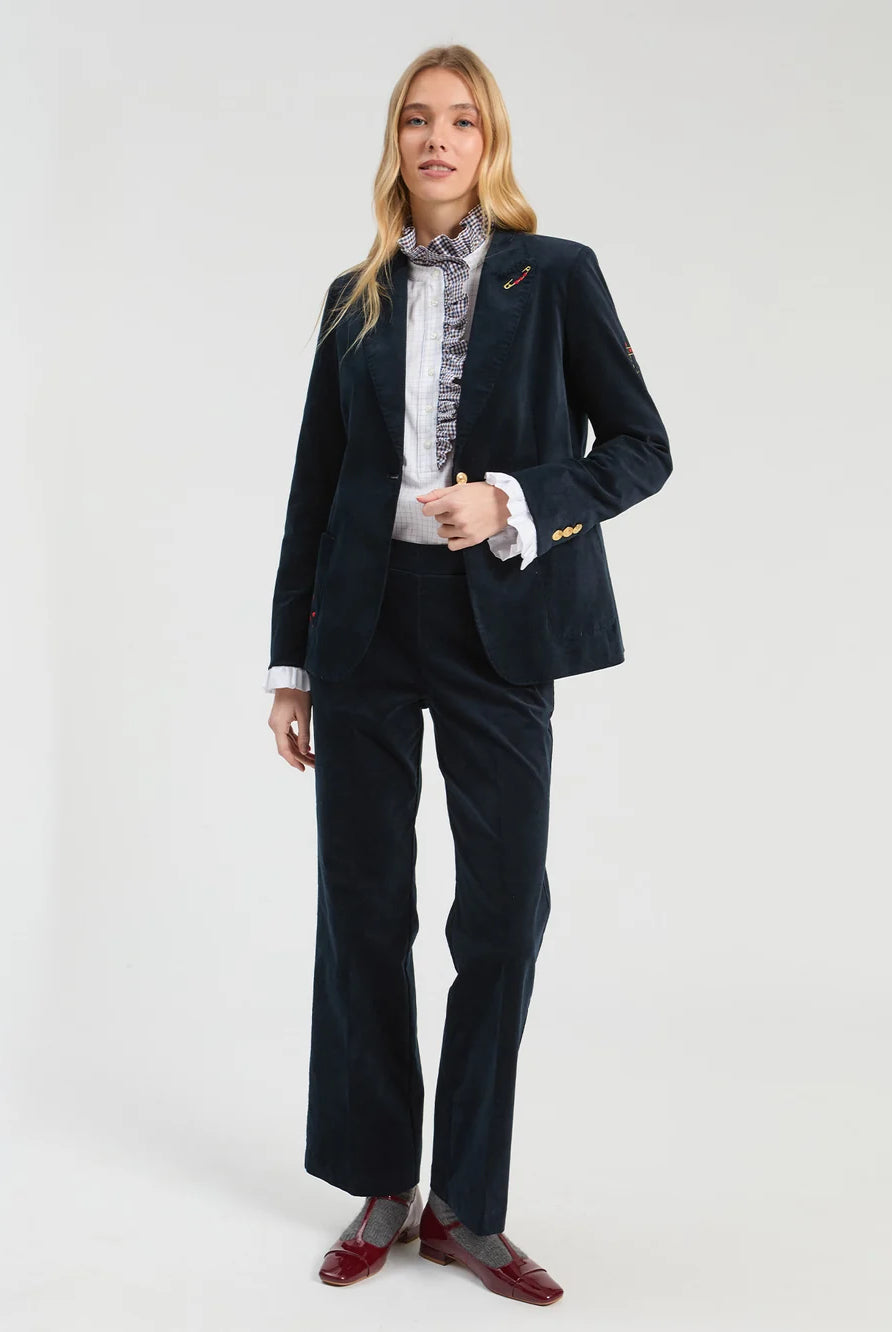 Vilagallo navy embroidered velvet blazer styled with matching trousers