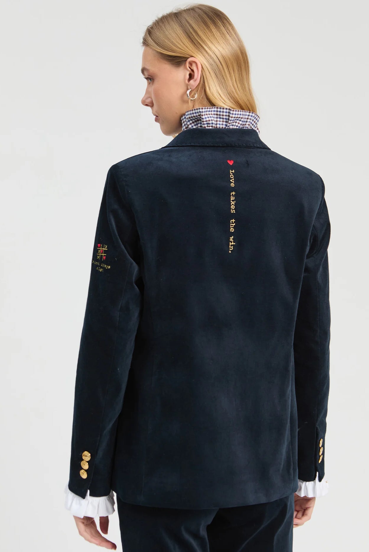 Vilagallo navy velvet tailored blazer back view with decorative embroidery
