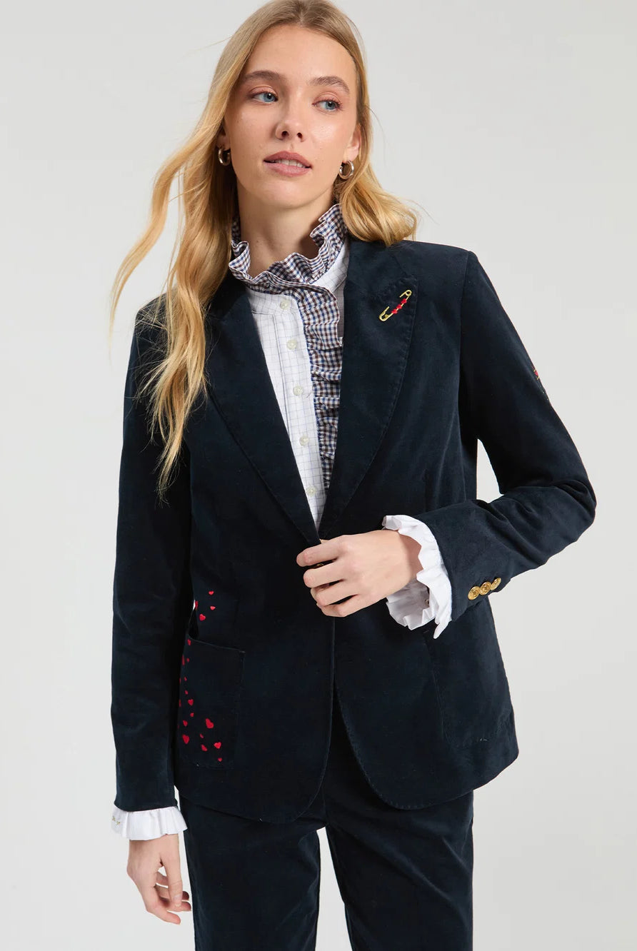 Vilagallo navy velvet heart embroidered tailored blazer front view