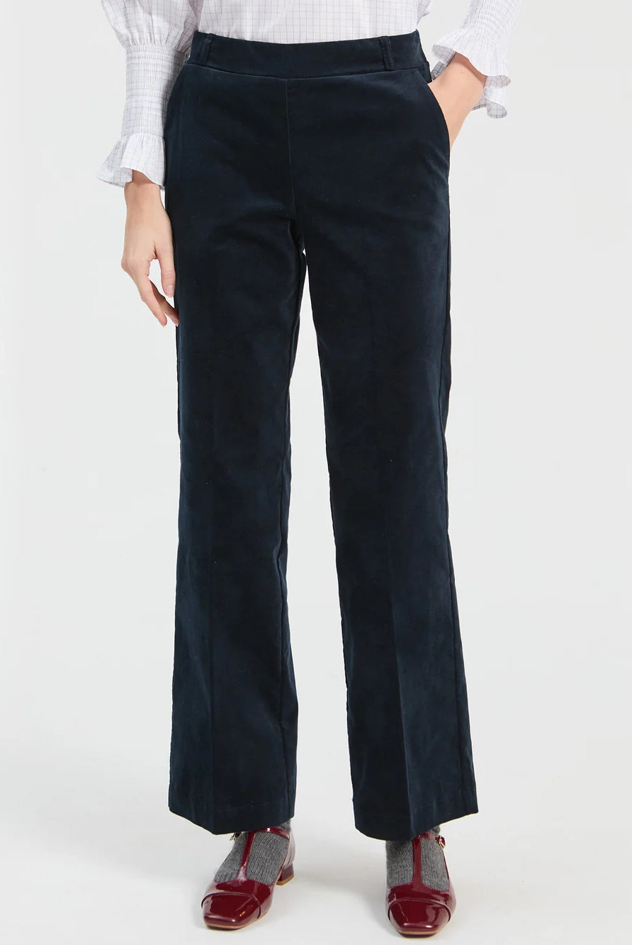 Vilagallo navy straight leg velvet trousers front view