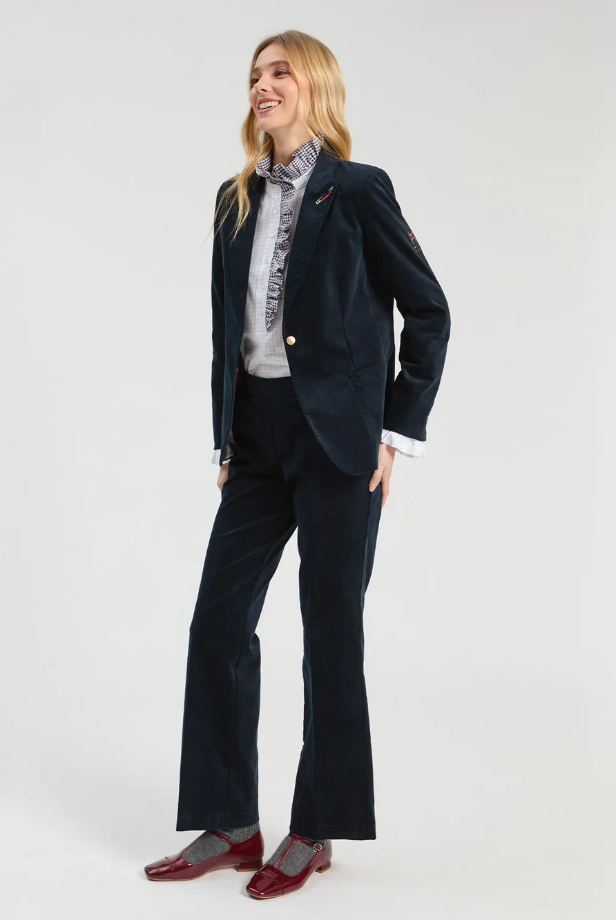 Vilagallo navy velvet straight leg trousers styled with matching blazer