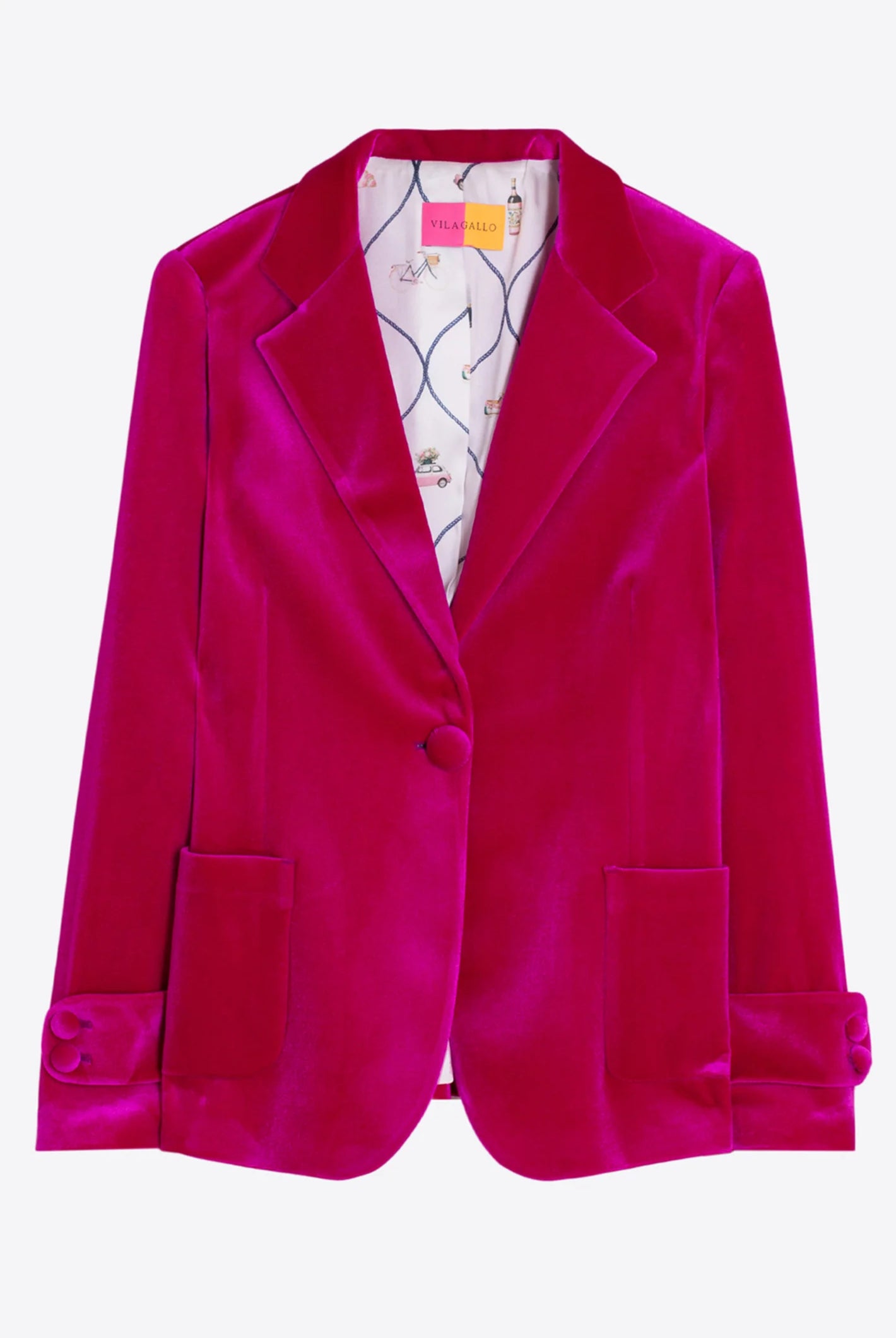 Vilagallo fuchsia pink velvet tailored blazer front view