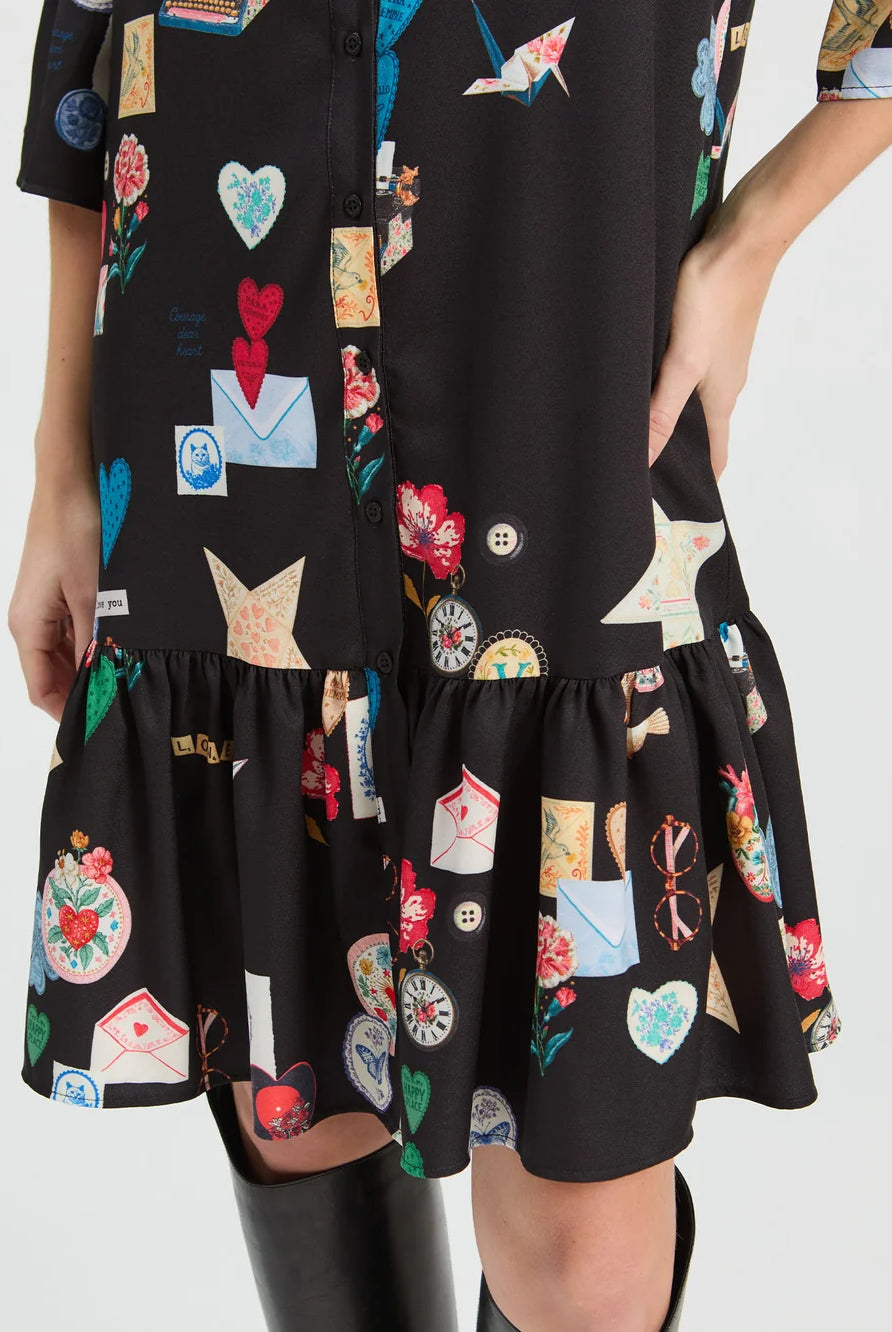 Vilagallo Veada black Love print mini shirt dress front view