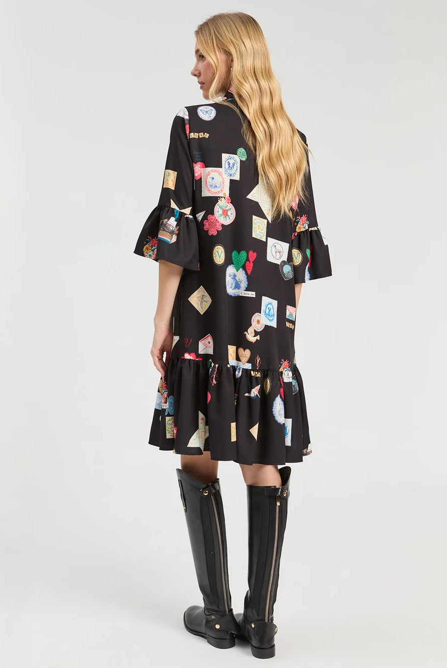 Vilagallo Veada black printed long sleeve mini dress back view