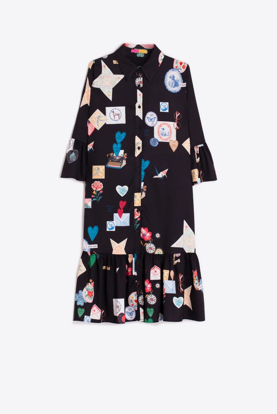 Vilagallo black Love print ruffle hem shirt dress product view