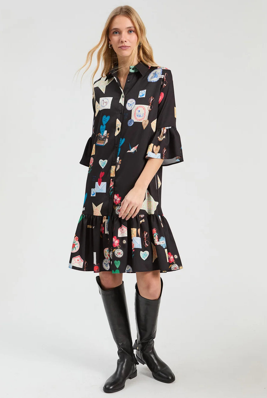 Vilagallo Veada black Love print mini shirt dress front view