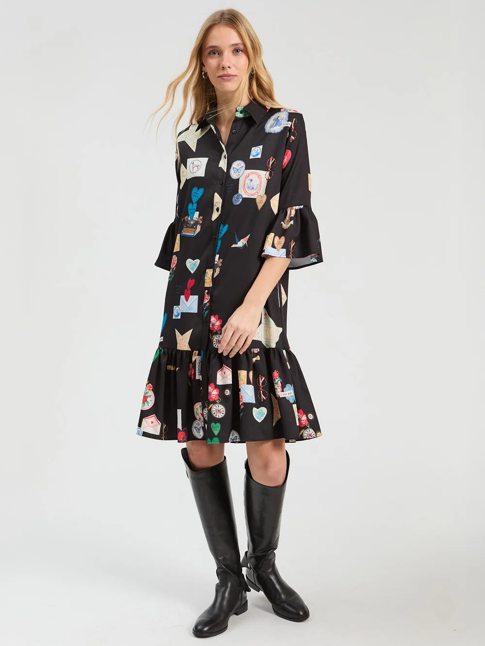 Vilagallo Veada black Love print mini shirt dress front view