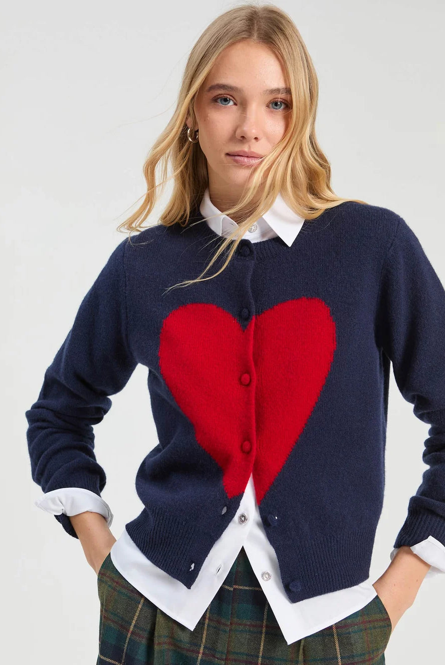 Vilagallo navy heart intarsia cardigan with red heart – front model view