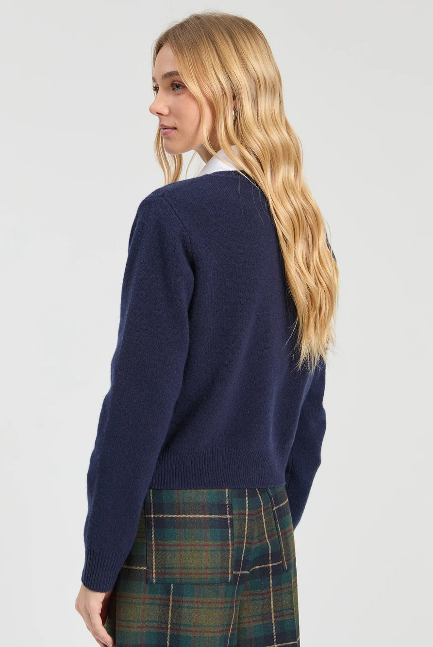 Vilagallo navy heart cardigan – back model view