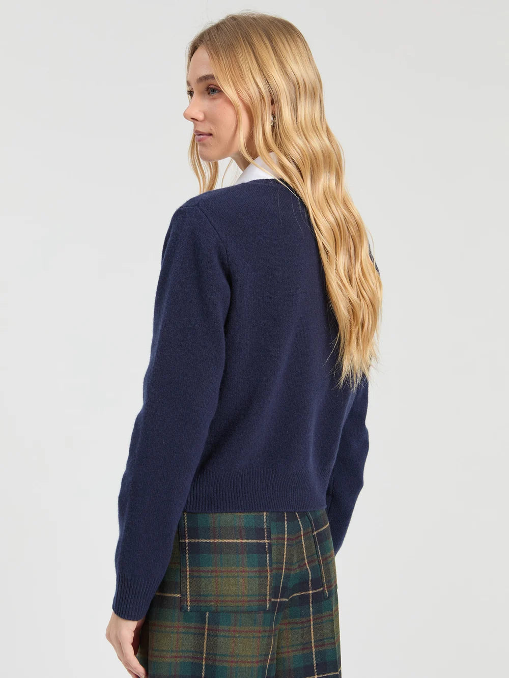 Vilagallo navy heart cardigan – back model view