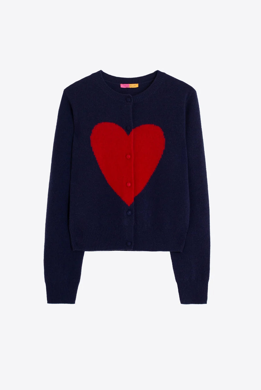 Vilagallo navy intarsia heart cardigan with button front – product front view