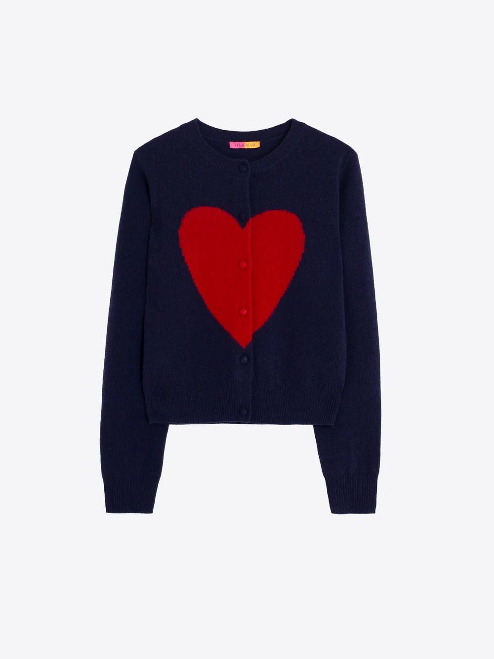 Vilagallo navy intarsia heart cardigan with button front – product front view