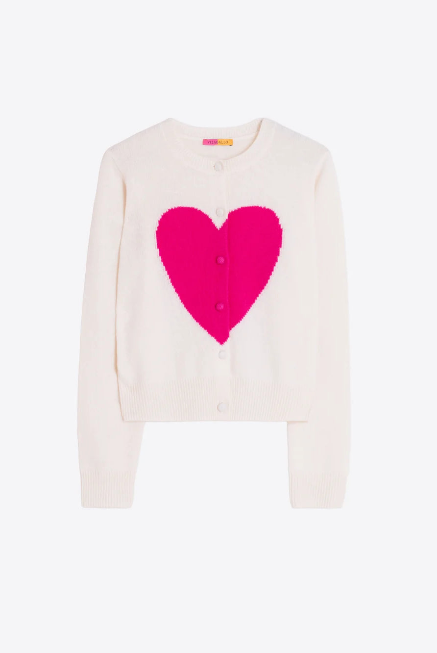 Vilagallo ecru fuchsia heart intarsia cardigan – product front view