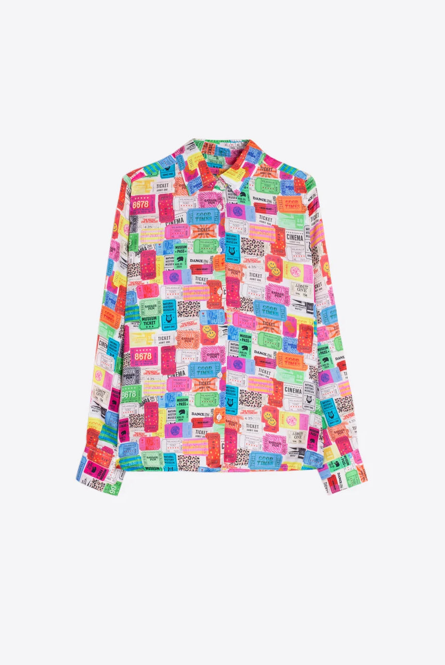Vilagallo ticket print button-through shirt front product view