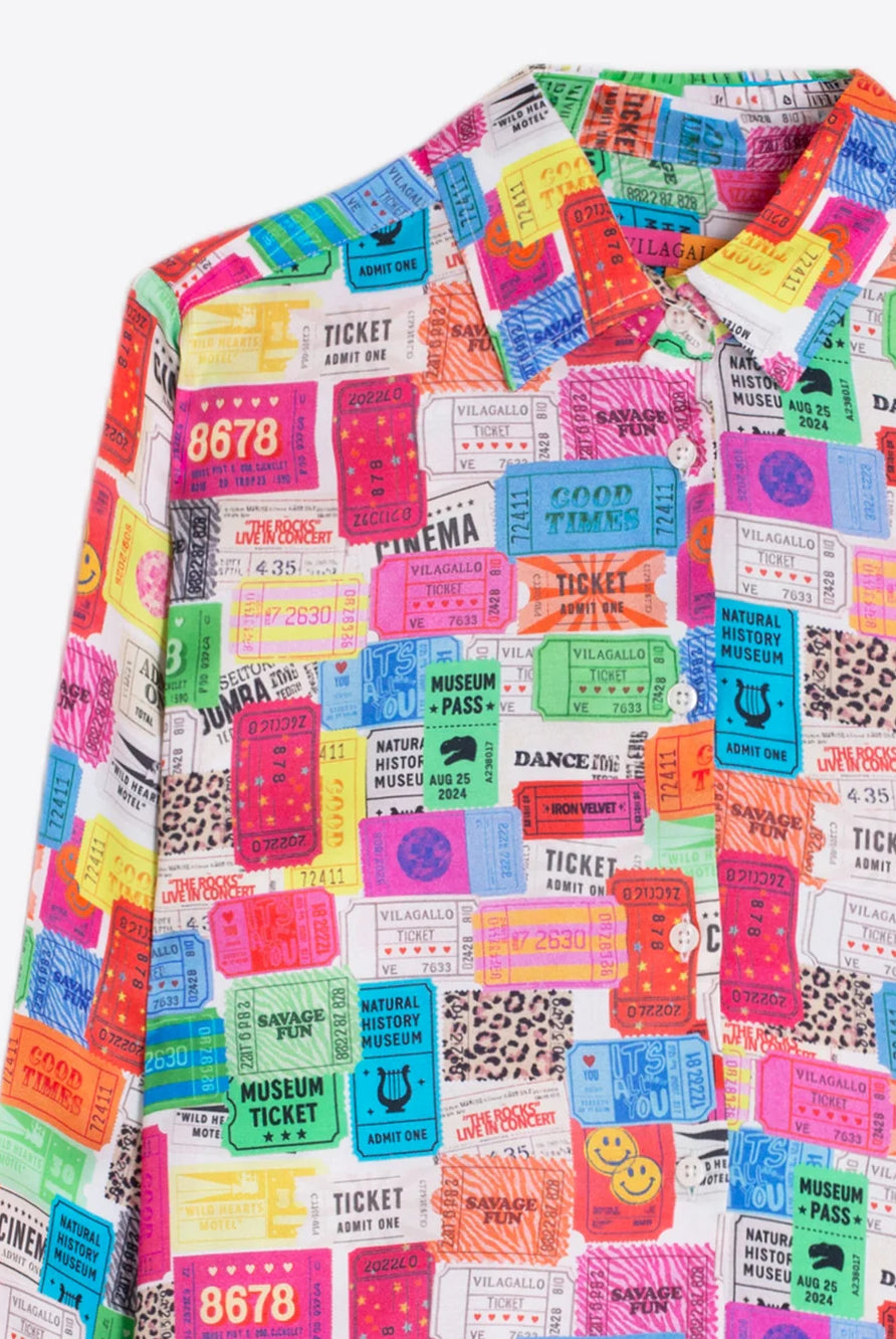 Vilagallo multicolour ticket print shirt close-up showing colourful graphic design
