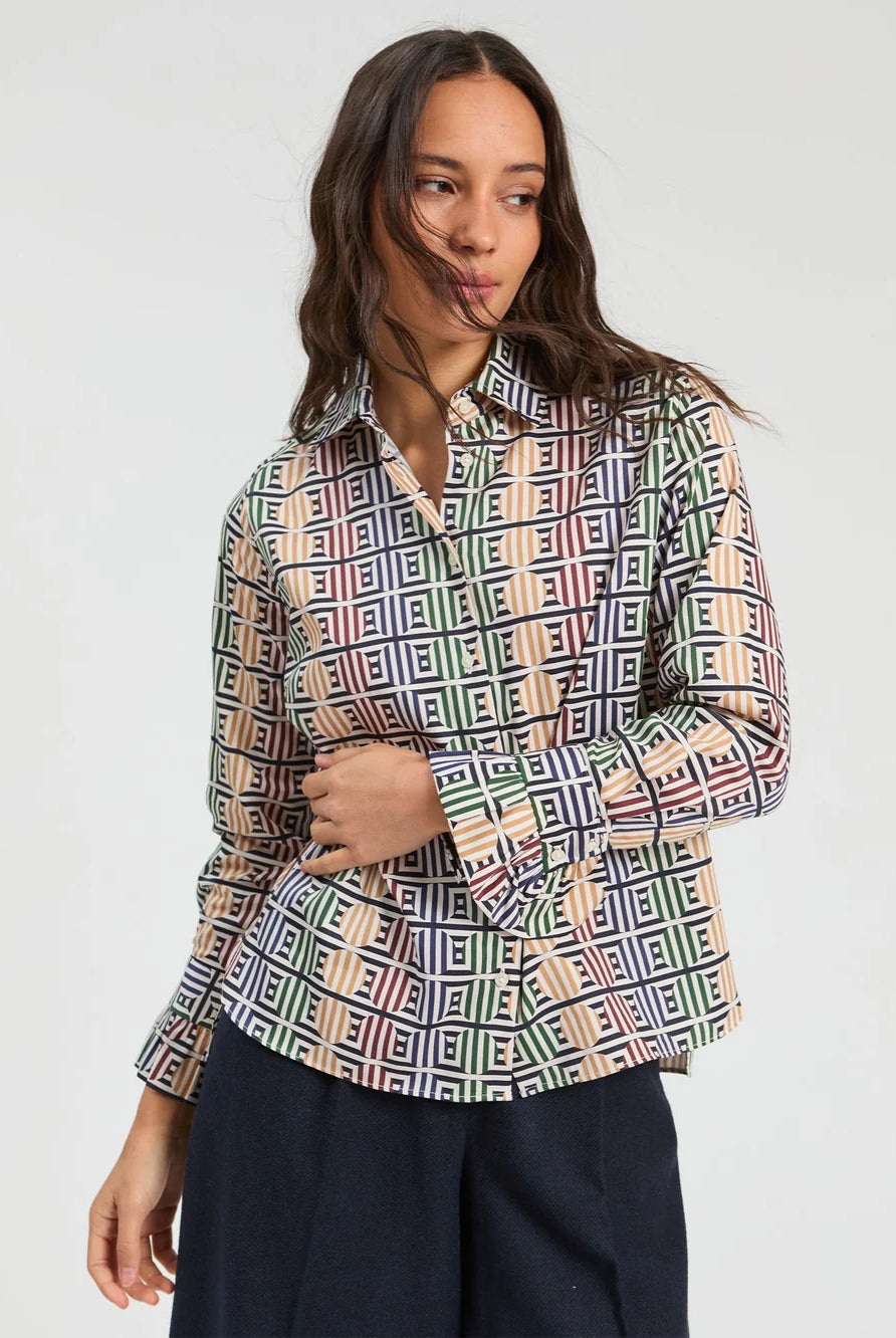Vilagallo multicolour geometric print cotton shirt front view