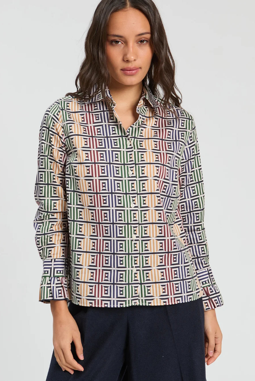 Vilagallo geometric print long sleeve shirt styled with navy trousers