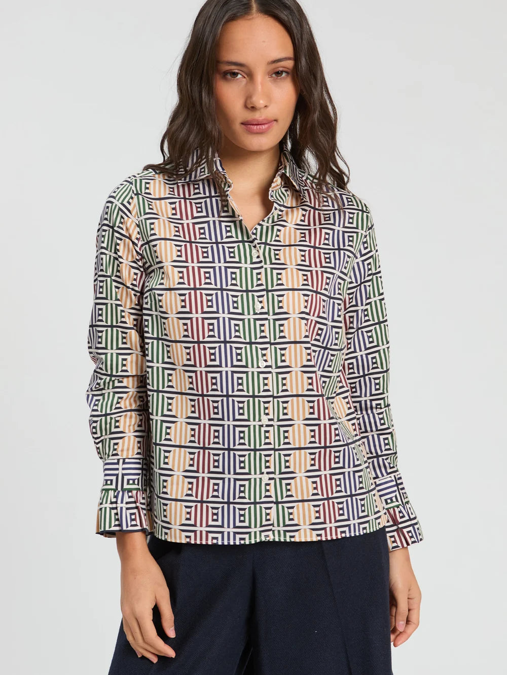 Vilagallo geometric print long sleeve shirt styled with navy trousers