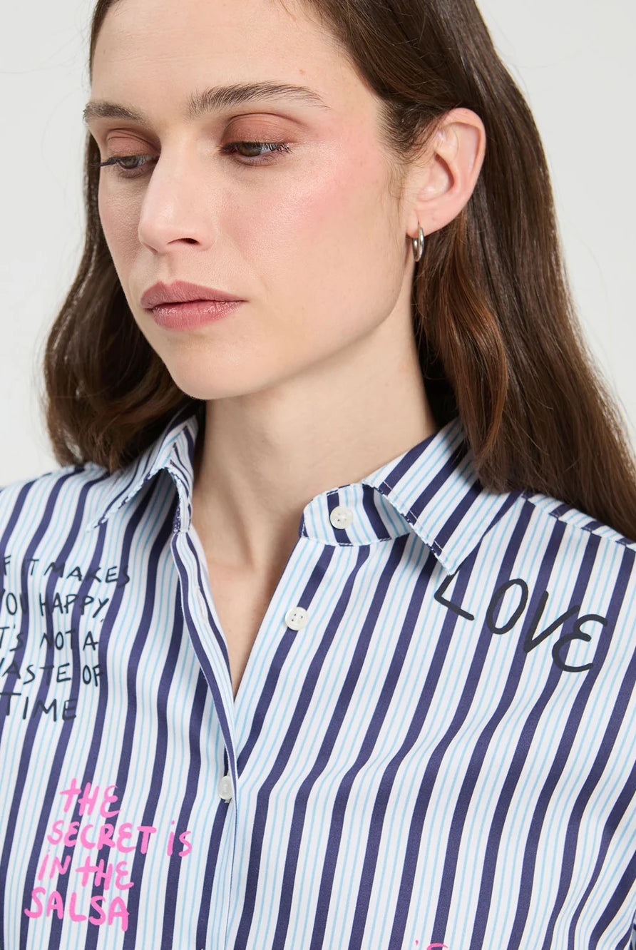 Vilagallo striped graphic cotton shirt close-up showing colourful graffiti print