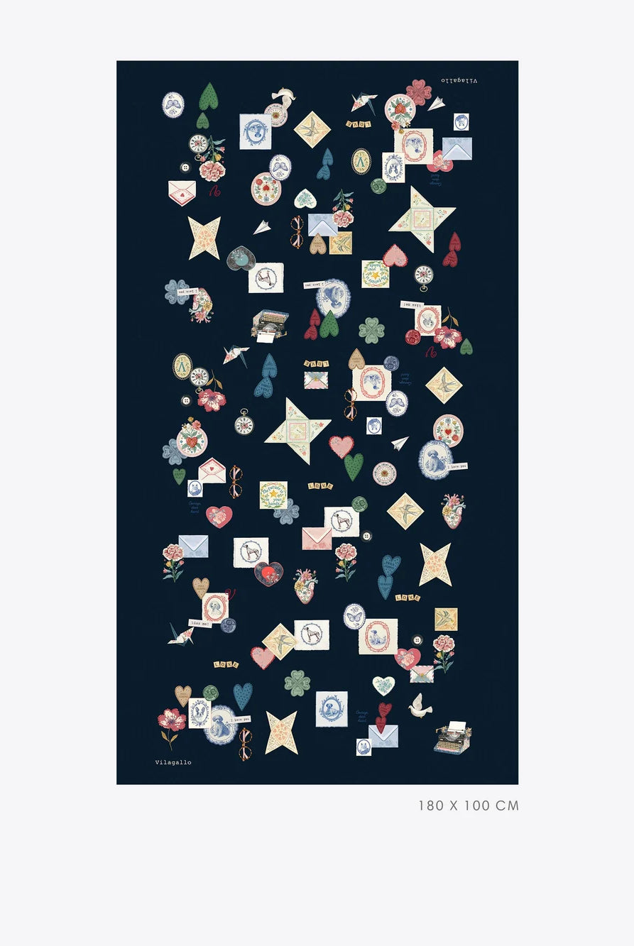 Vilagallo Nautical Love navy wool scarf with colourful illustrated heart, flower and envelope print