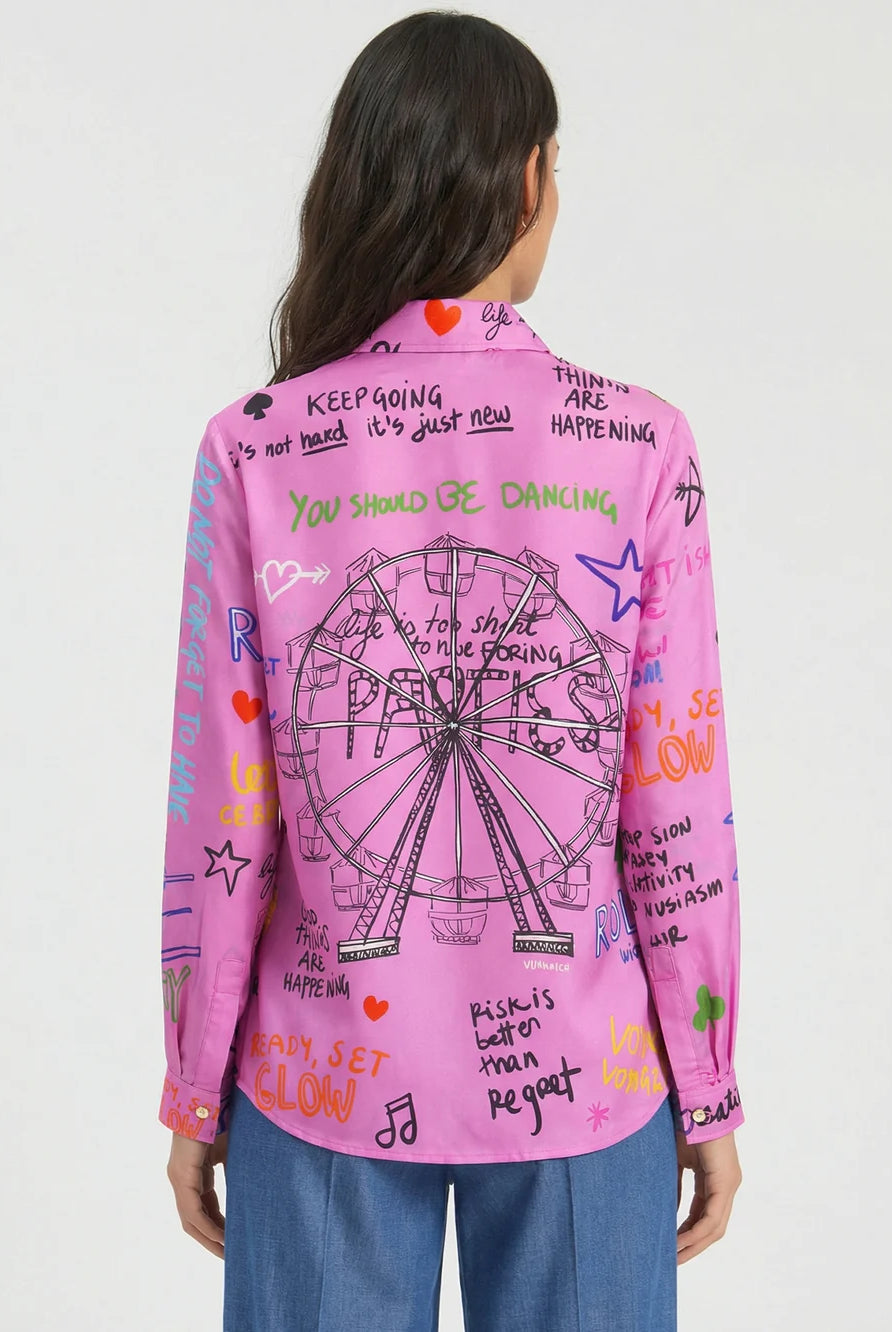 Vilagallo Ferris Wheel pink silk shirt back view with large Ferris wheel motif